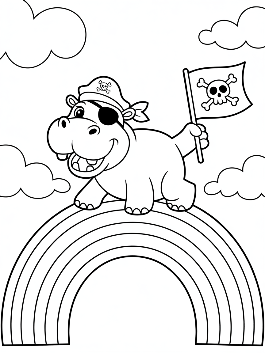 Pirate hippo sailing on a rainbow - Free Coloring Page