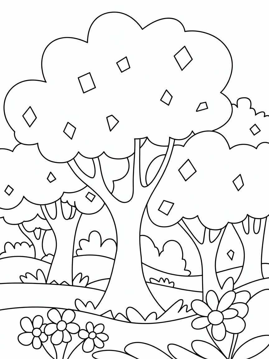 Colourful trees diamonds everywhere - Free Coloring Page