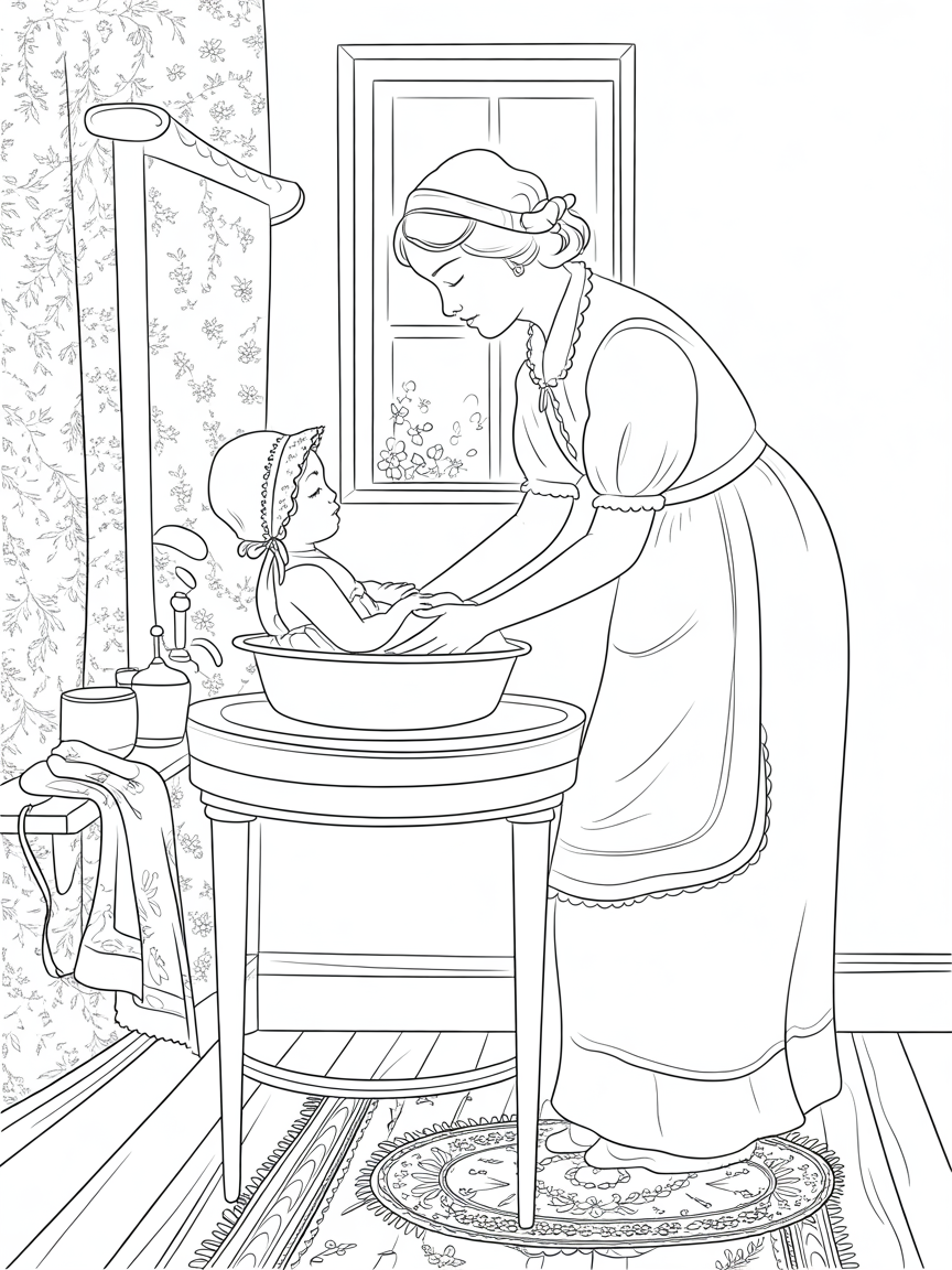A woman in the 1920s is washing her baby girl in a basin - Free Coloring Page