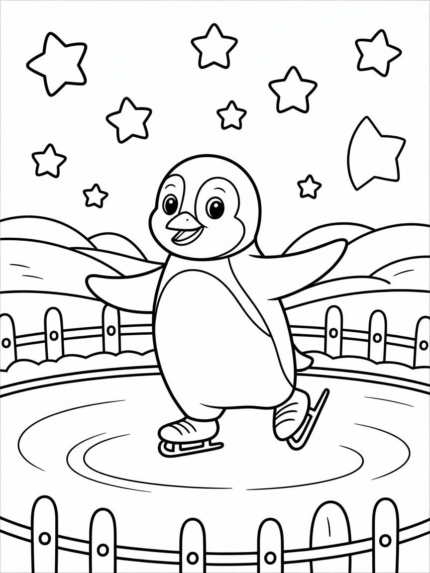 Penguin ice skating under the stars - Free Coloring Page