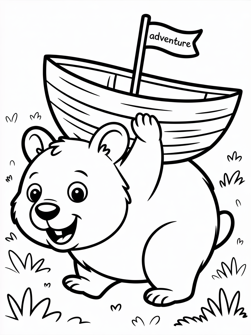 A wombat carrying a paperbark boat - Free Coloring Page
