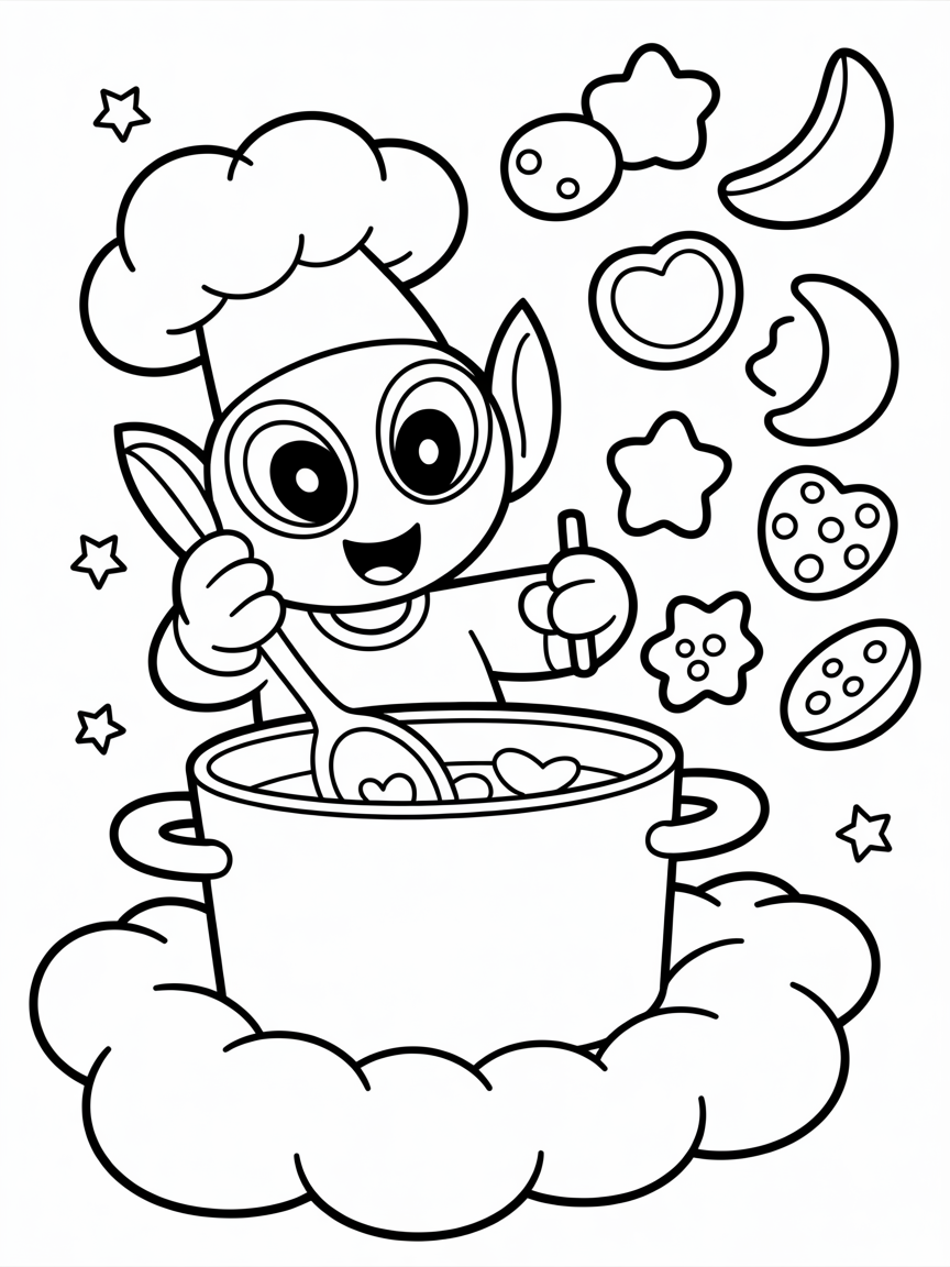 Alien chef cooking on a cloud - Free Coloring Page