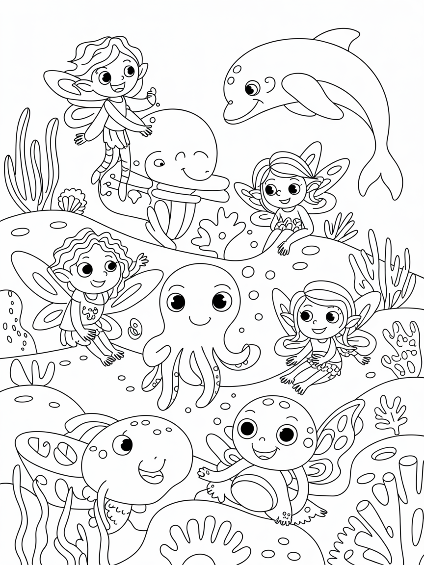 Whimsical underwater fairies living in village with sea creatures - Free Coloring Page
