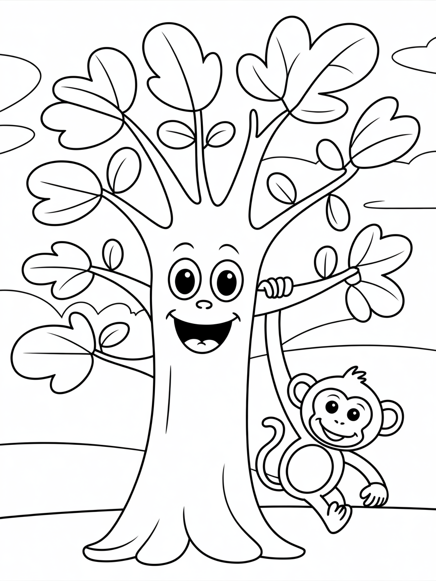 Tree with monkey - Free Coloring Page