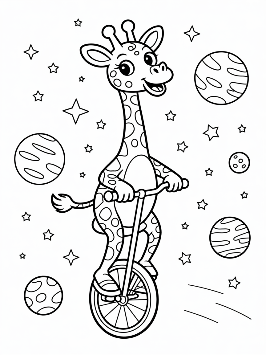 Giraffe riding a unicycle in space - Free Coloring Page