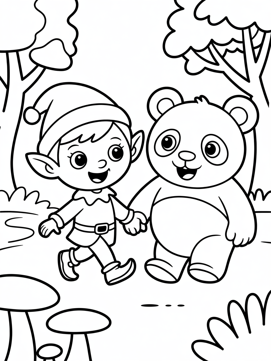 An elf walking with a panda - Free Coloring Page