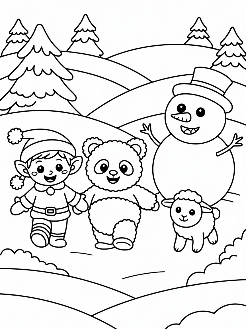 Christmas elf in a winter wonderland walking with a panda and lamb - Free Coloring Page
