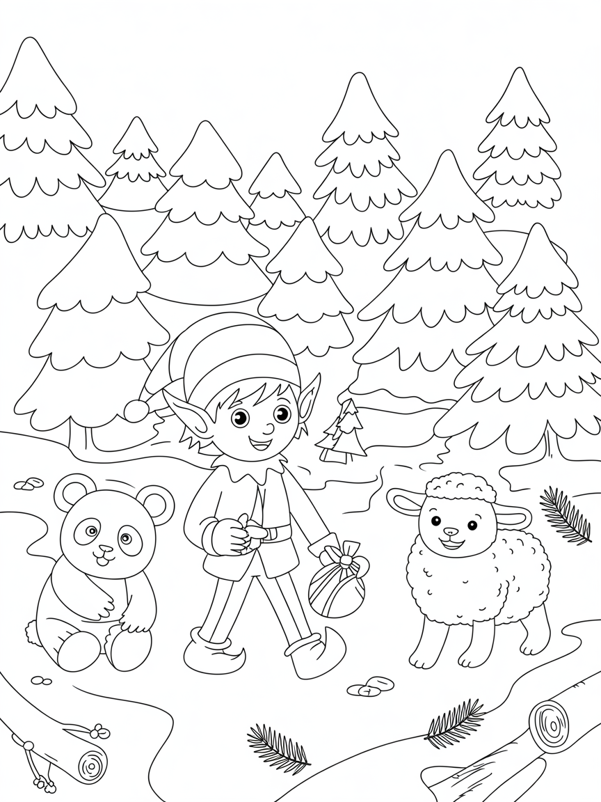 Christmas elf in a Christmas tree forest walking with a panda and lamb - Free Coloring Page
