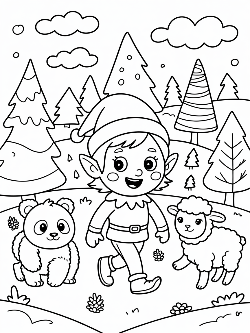 Christmas elf in a Christmas tree forest walking with a fluffy panda and lamb - Free Coloring Page
