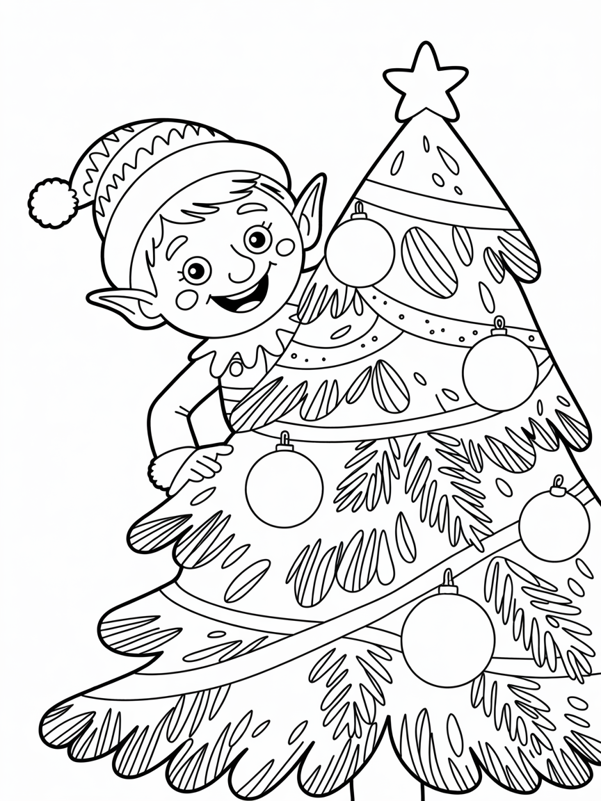 Christmas elf peeking from behind a Christmas tree - Free Coloring Page