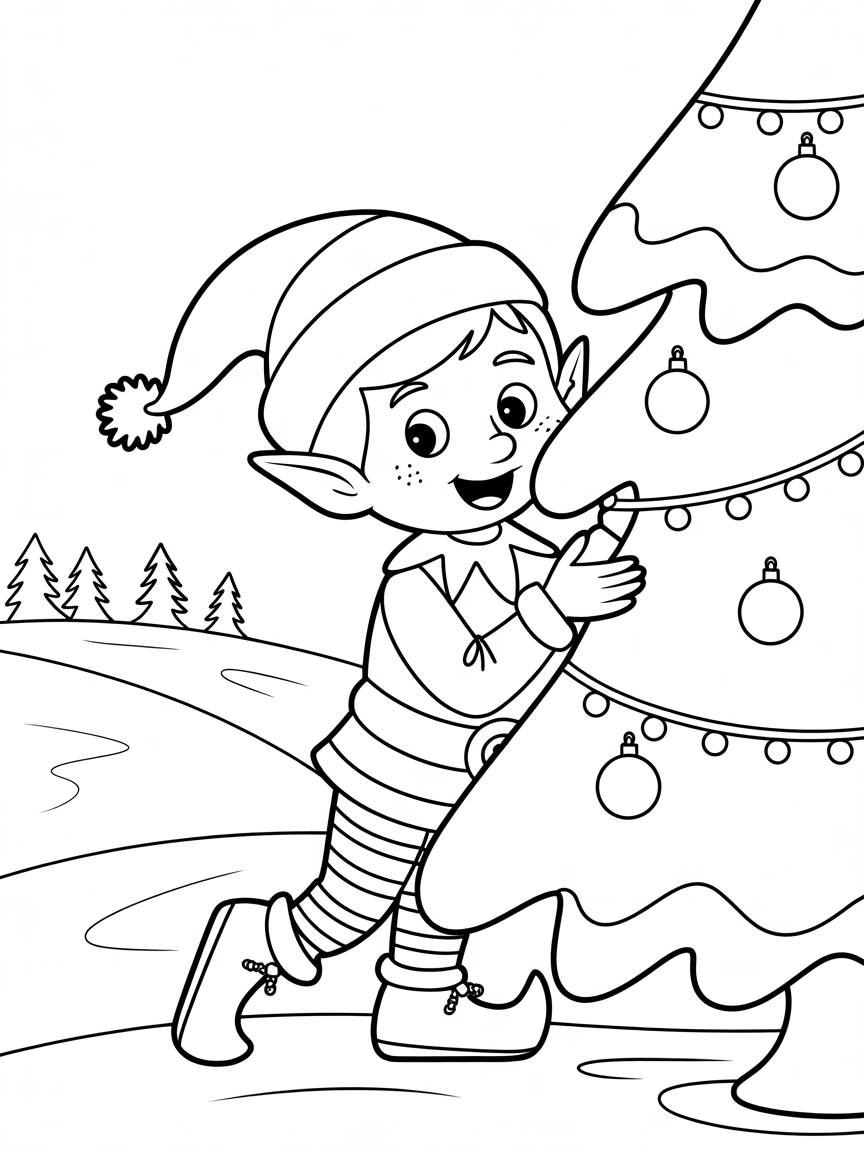Christmas elf peeking from behind a Christmas tree outside - Free Coloring Page