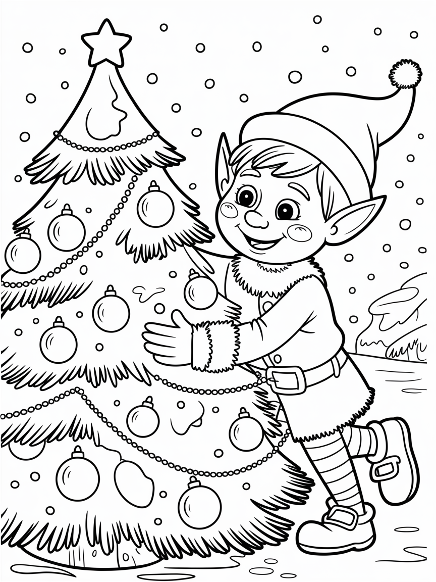 Christmas elf peeking from behind a Christmas tree with lots of baubles outside - Free Coloring Page