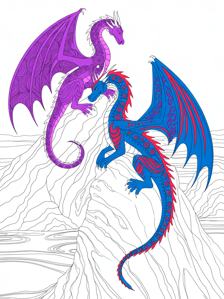 Two dragons are on a cliff. One of the Dragons is completely purple, while the other is blue with red stripes. - Free Coloring Page