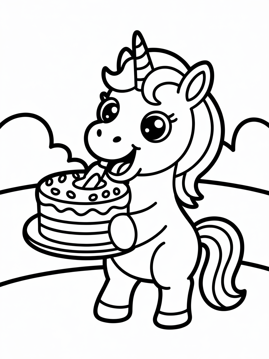Unicorn eating cake - Free Coloring Page