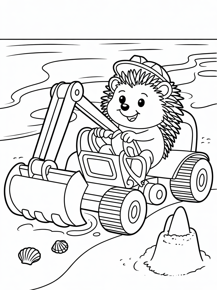 Hedgehog with digger at beach - Free Coloring Page