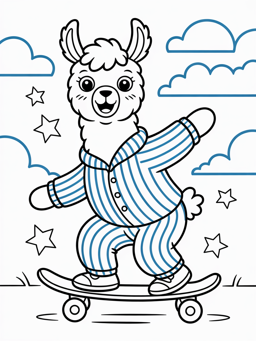Llama wearing pajamas on a skateboard - Free Coloring Page
