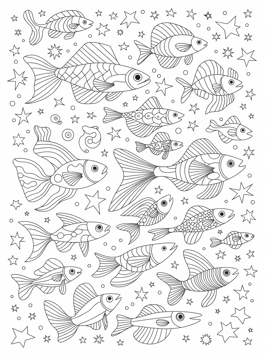 Fishes swimming in a sea of stars - Free Coloring Page
