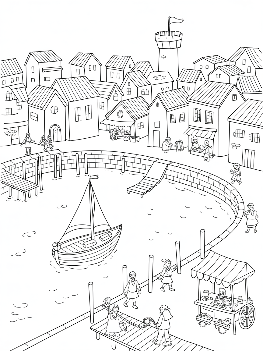 Medieval harbour town - Free Coloring Page