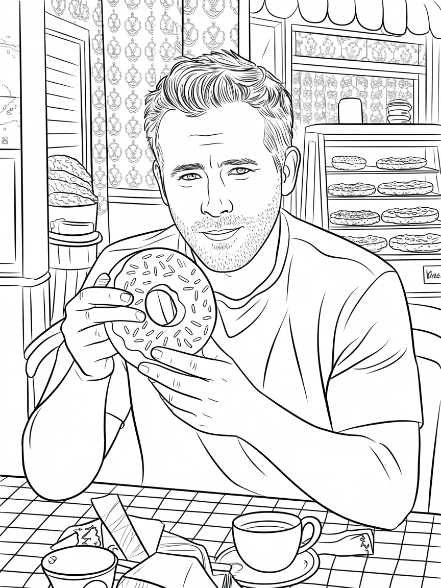 Ryan Reynolds eating a donut - Free Coloring Page