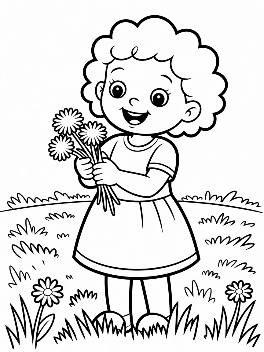 A little girl with curly hair brown skin picking dandelions - Free Coloring Page