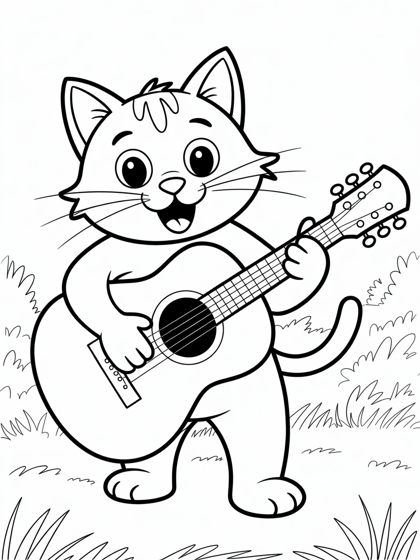 Cat with guitar - Free Coloring Page