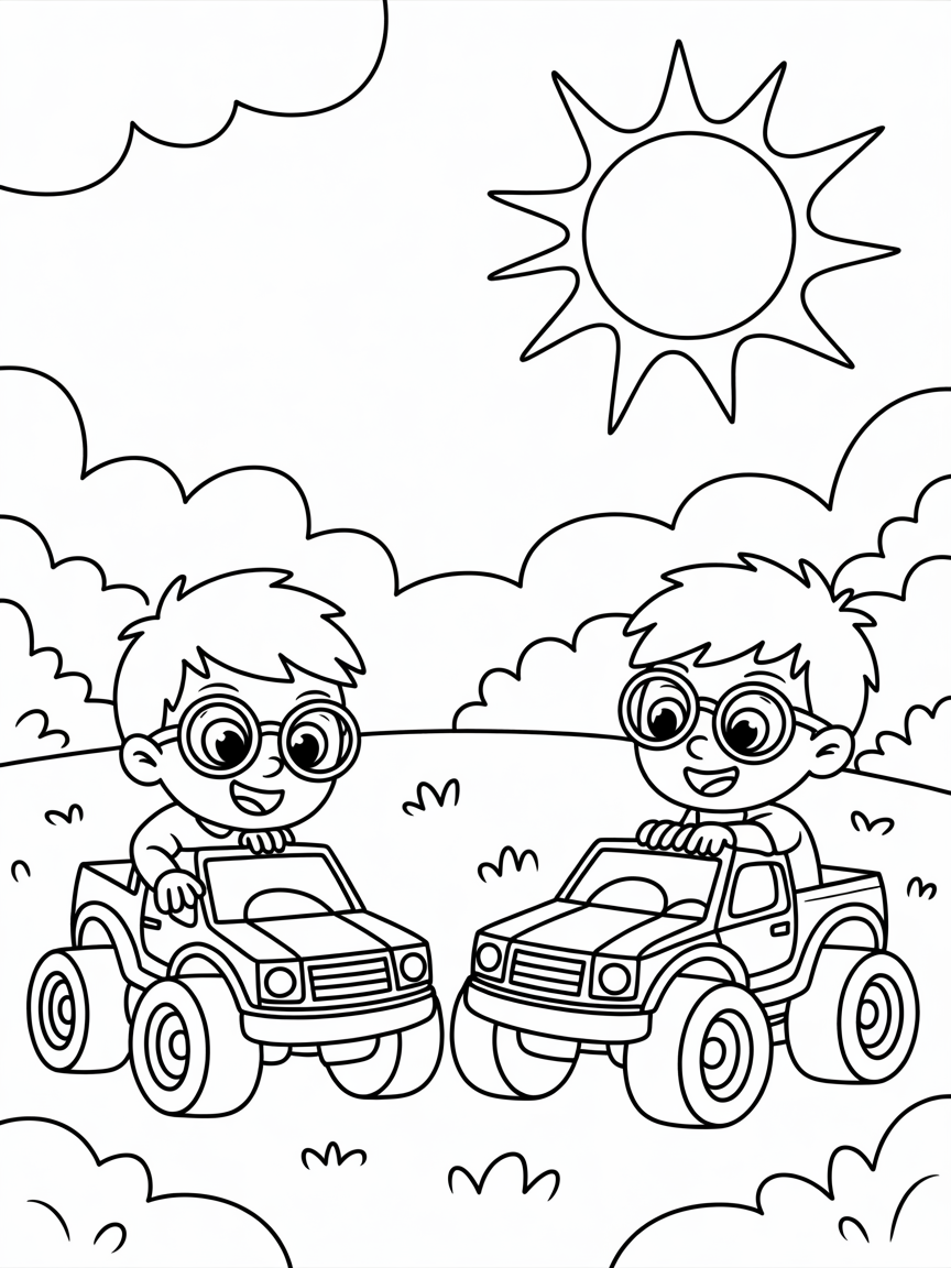 Zwei spielende Kinder, beide mit Brille, spielen mit Monstertrucks - Free Coloring Page