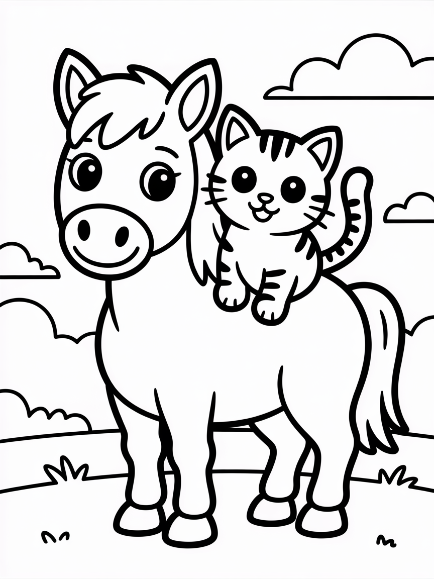 A horse with a cat on its back - Free Coloring Page