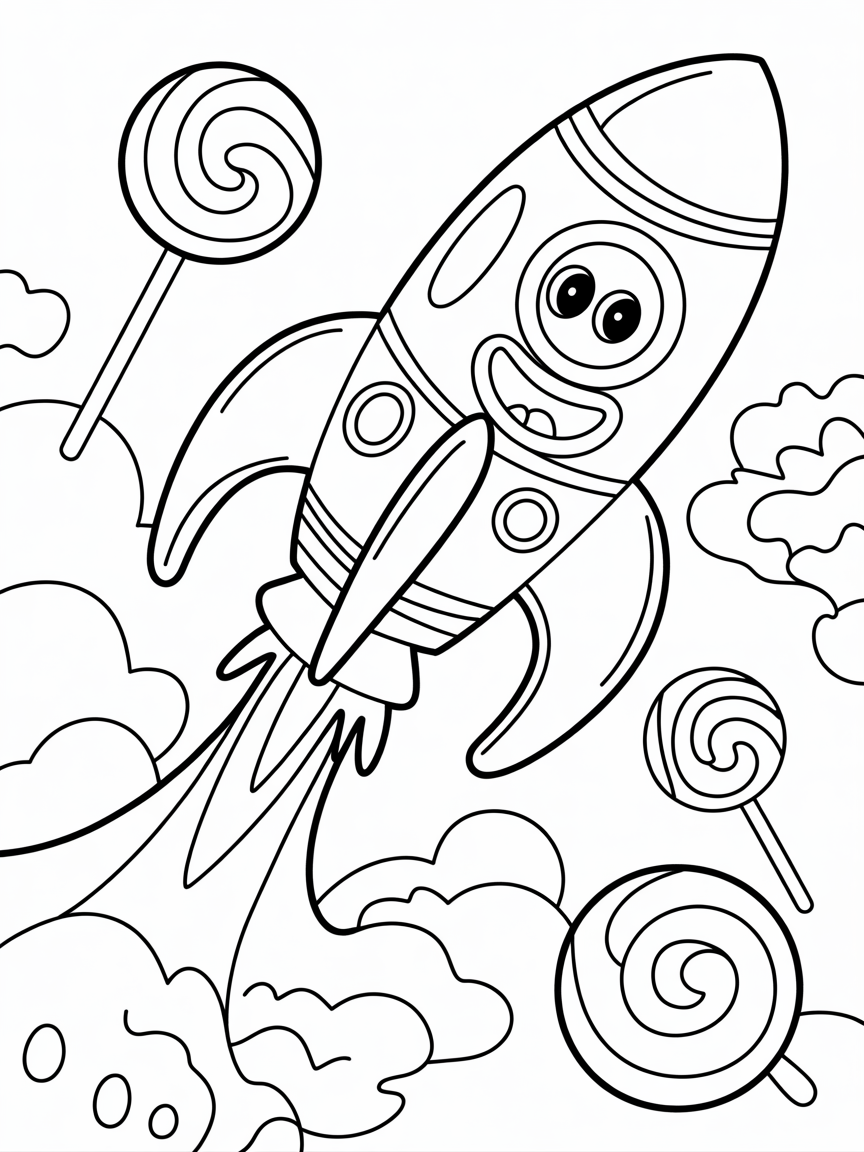 Rocket ship blasting through candy clouds - Free Coloring Page