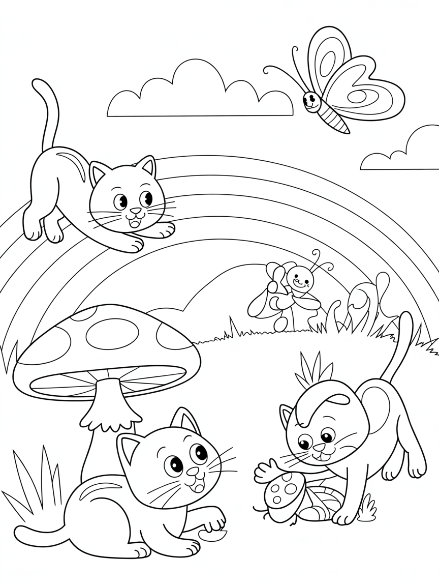 Cats, fungus, insects, rainbows - Free Coloring Page