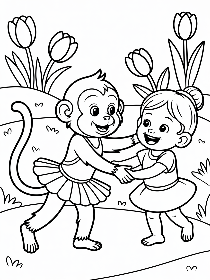 Ballerina capuchina playing with litle girl - Free Coloring Page