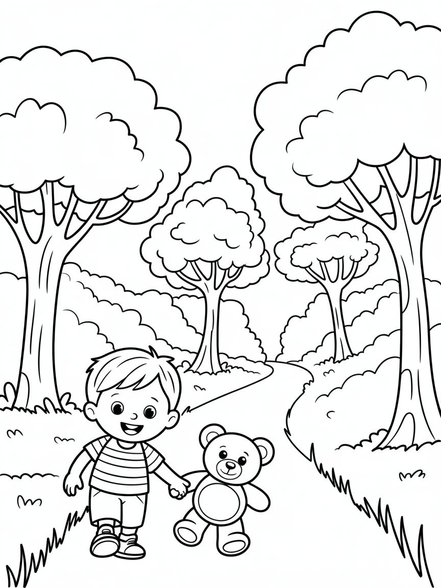 Boy in a forest with Ted his teddy bear - Free Coloring Page