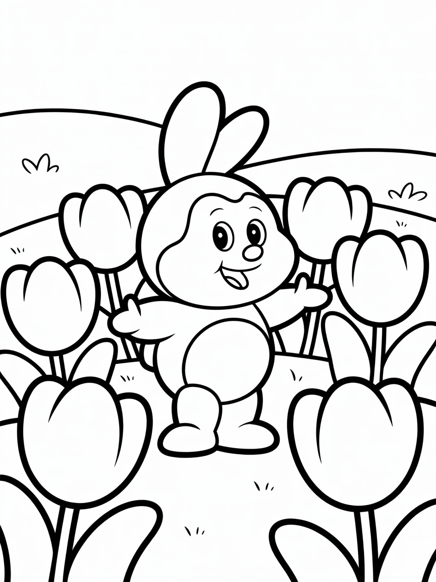 Labubu character in a field of tulips - Free Coloring Page
