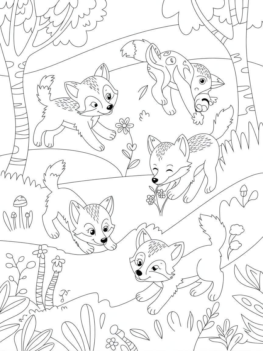Foxes playing in the forest - Free Coloring Page