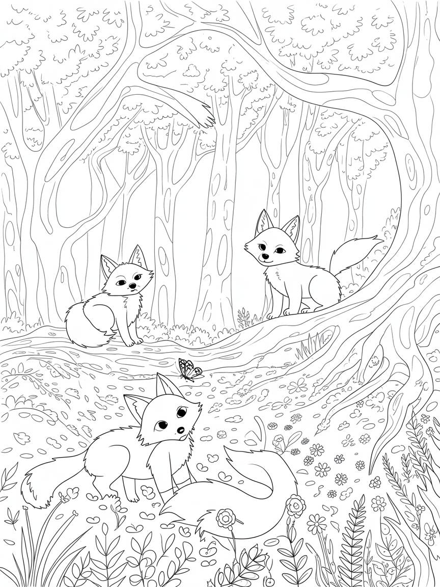 Foxes in the forest - Free Coloring Page