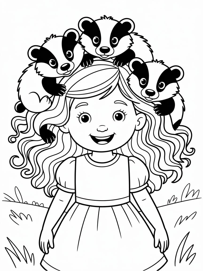 Girl with badgers in her long curly hair - Free Coloring Page