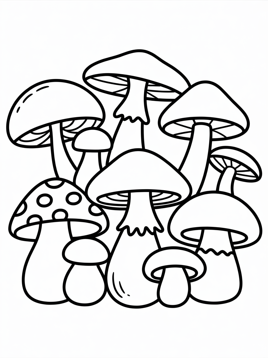 A page full of mushrooms if different types I can cut out - Free Coloring Page