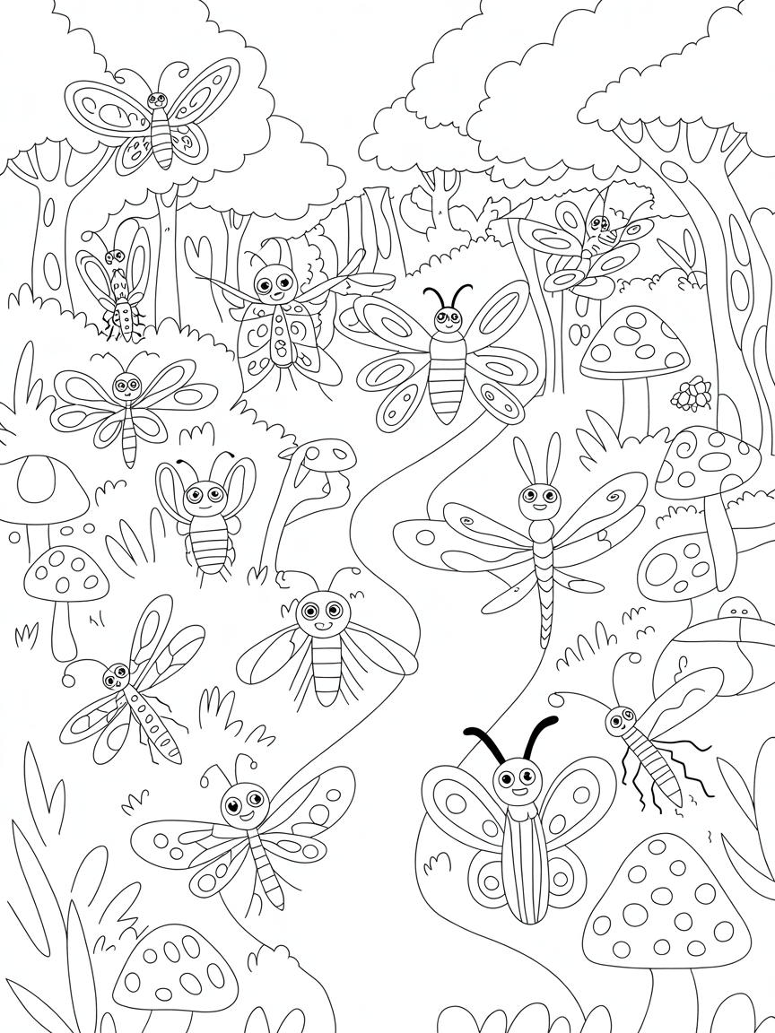 A magical forest with dreamlike insectes. - Free Coloring Page