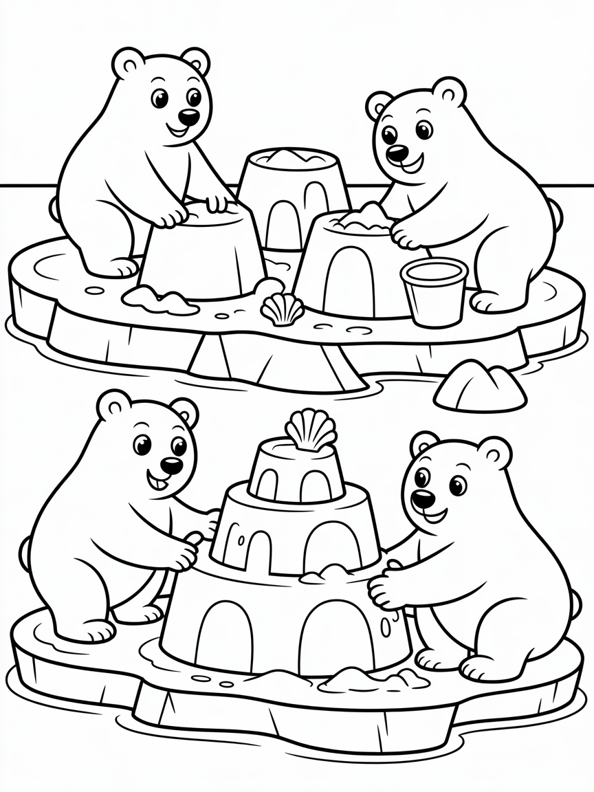 Polar bears building sandcastles on ice - Free Coloring Page