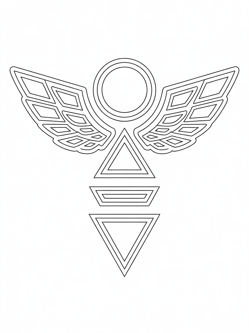 A symbol consisting of a circle in the middle with wings on both sides with 3 triangles below it the middle triangle being upside down. - Free Coloring Page