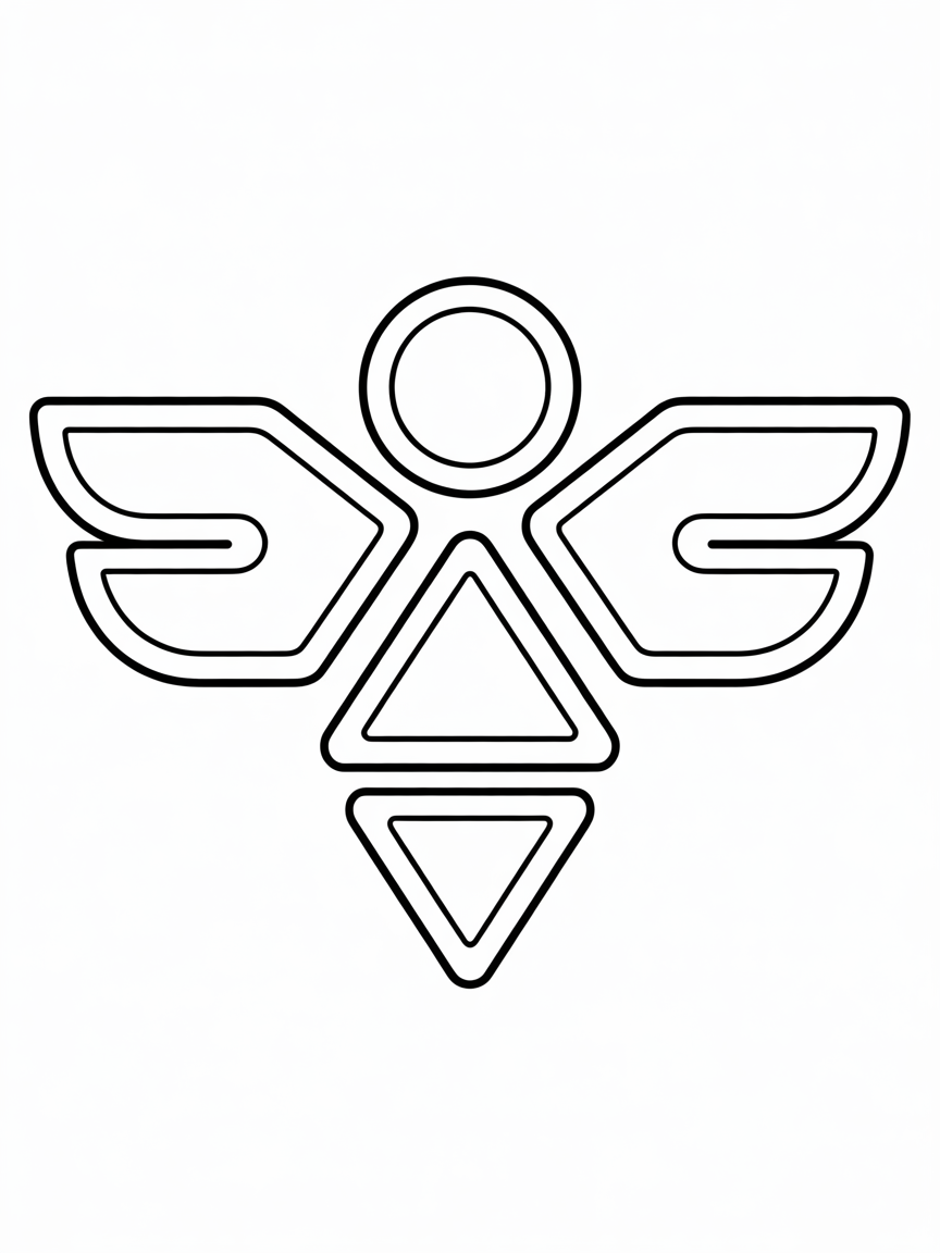 THE DELTARUNE A symbol consisting of a circle in the middle with wings on both sides with 3 triangles below it the middle triangle being upside down. - Free Coloring Page