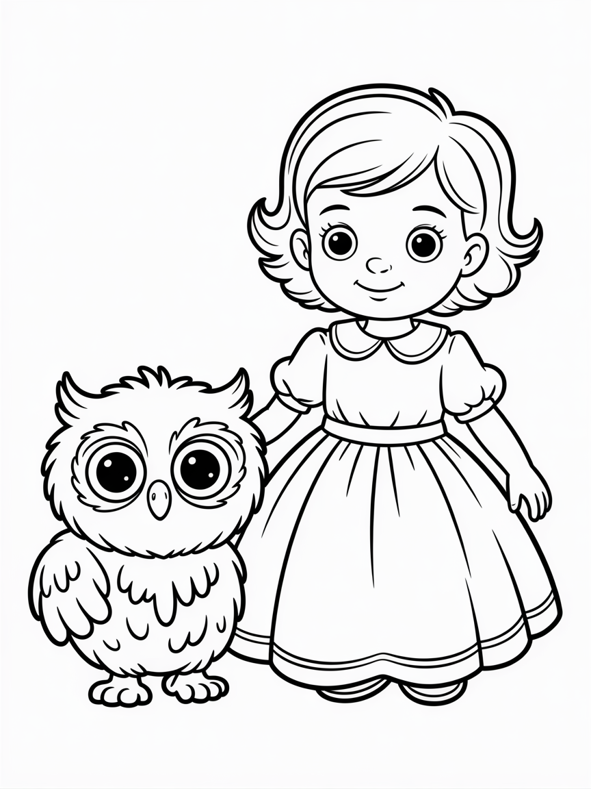Fantasy-style light grayscale portrait illustration of a pale-haired young child and a surreal-looking pet, soft lighting and vintage dress centred on a white background. - Free Coloring Page