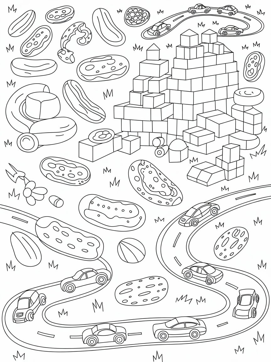 Pickles, building blocks and racing cars - Free Coloring Page