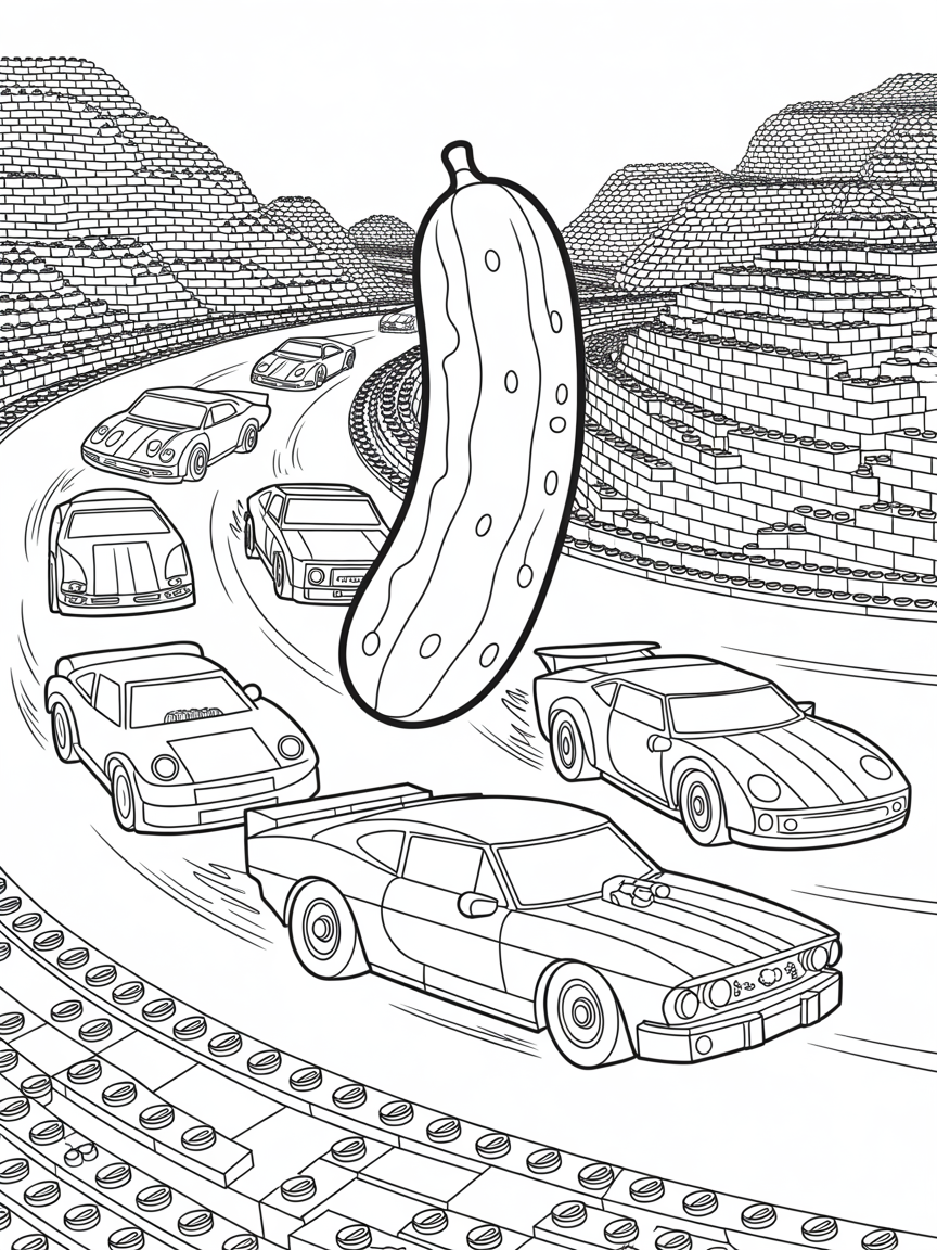 Pickles, Lego and racing cars - Free Coloring Page
