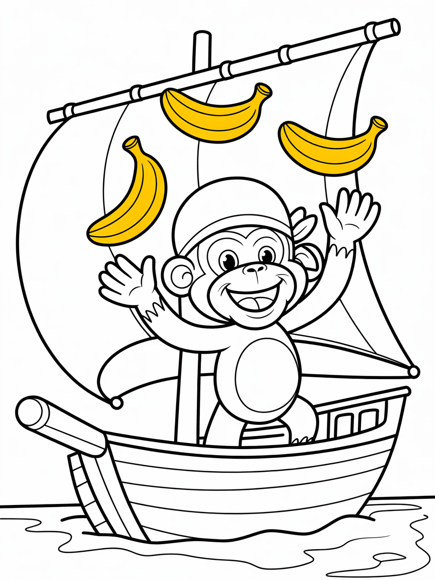 Pirate monkey juggling bananas on a ship - Free Coloring Page