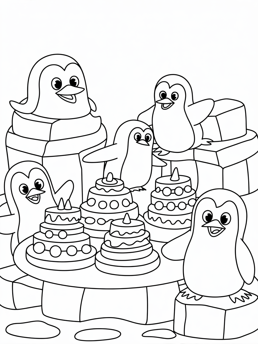 Penguins in an ice castle with cakes - Free Coloring Page