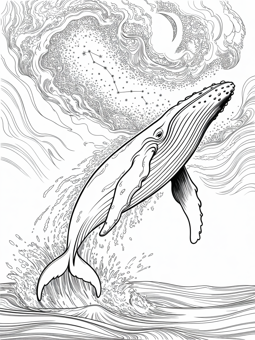 A whale leaping from the ocean into a starlit sky - Free Coloring Page