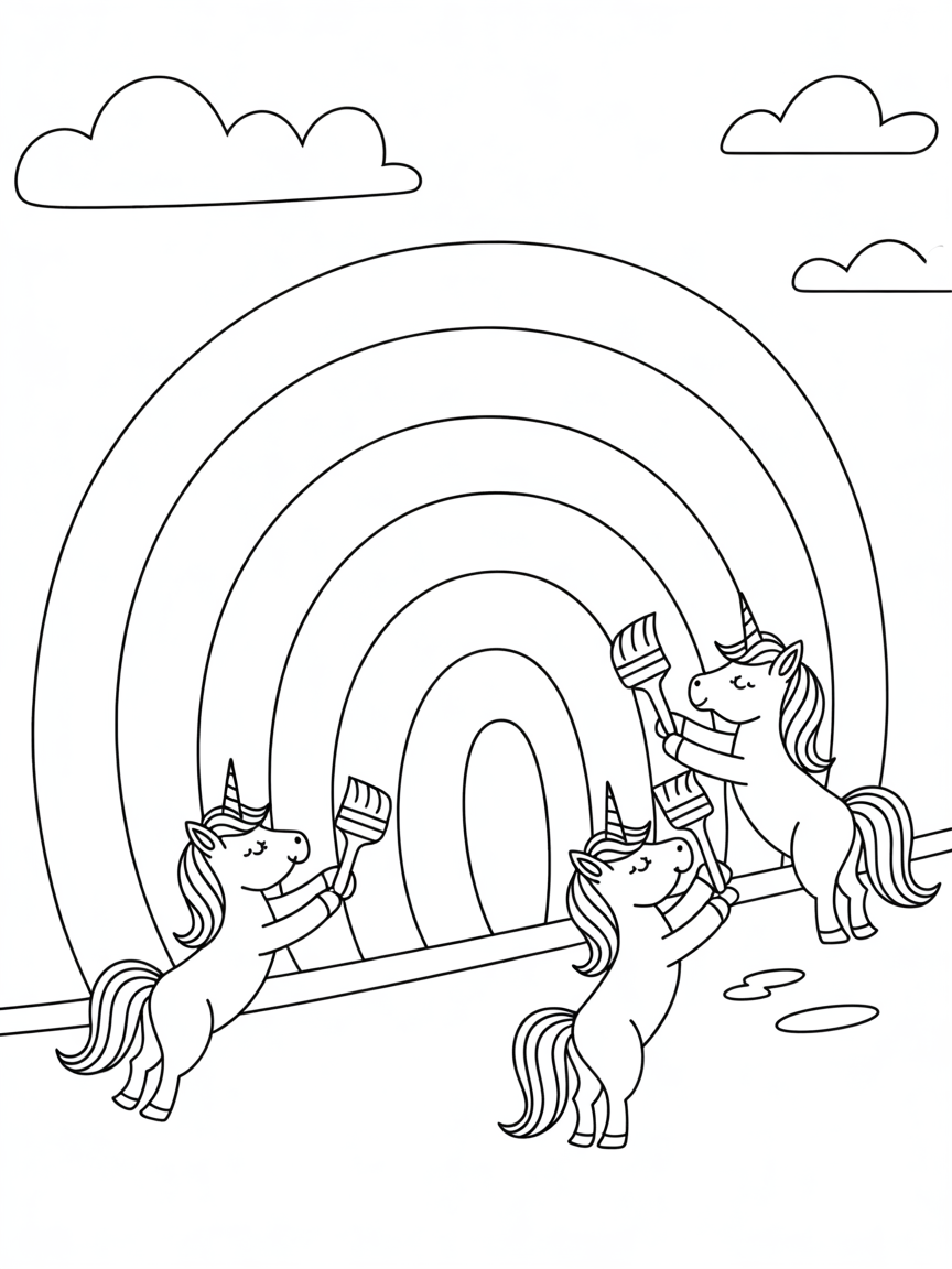 Unicorns painting a rainbow mural - Free Coloring Page