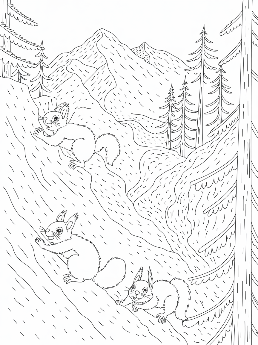 Rock climbing squirrels, trees and mountains - Free Coloring Page