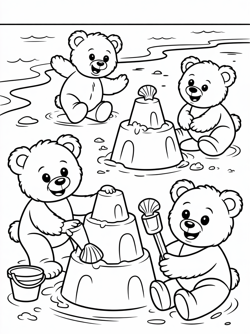 Teddy bears building sandcastles on beach - Free Coloring Page