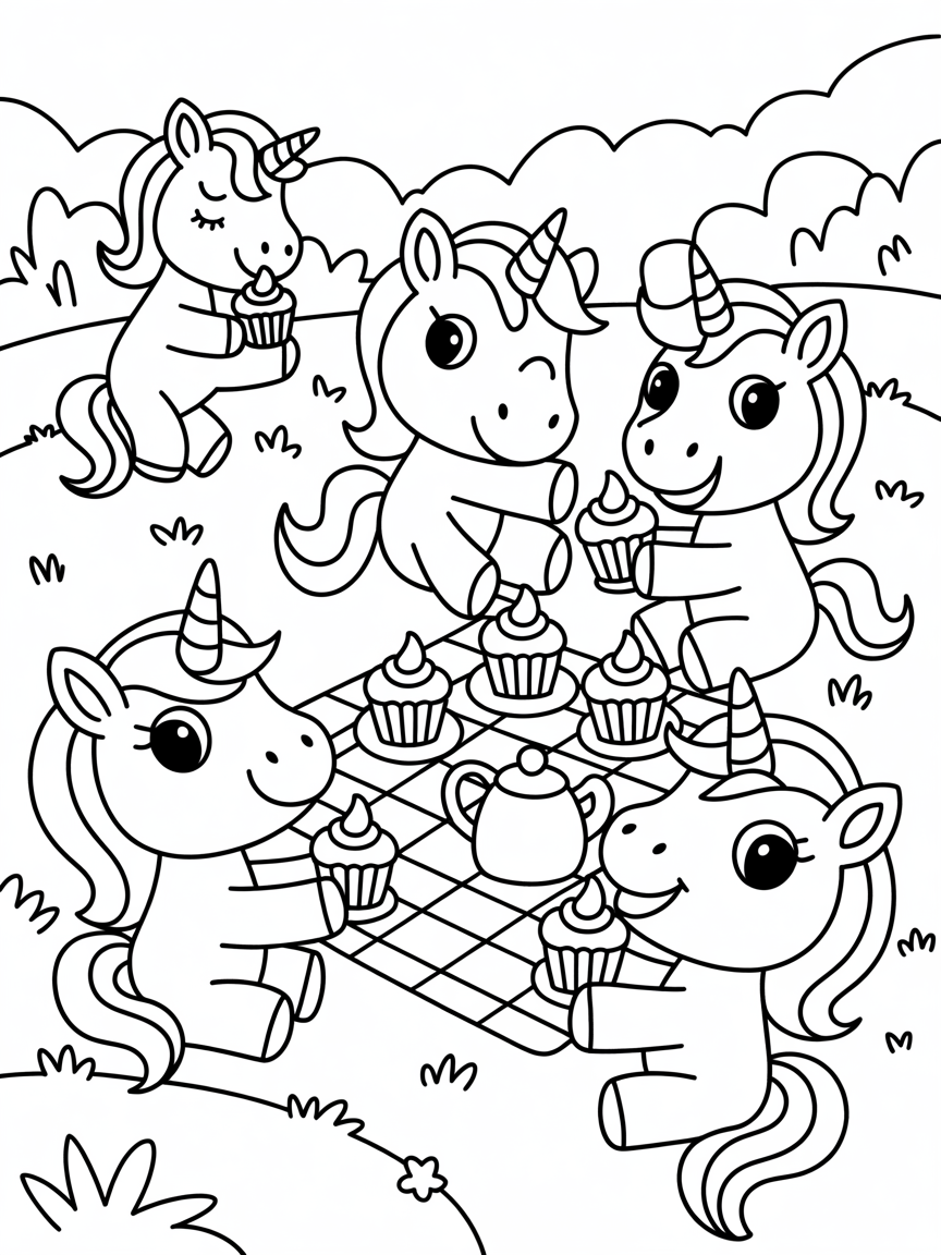 Unicorns having a cupcake picnic - Free Coloring Page